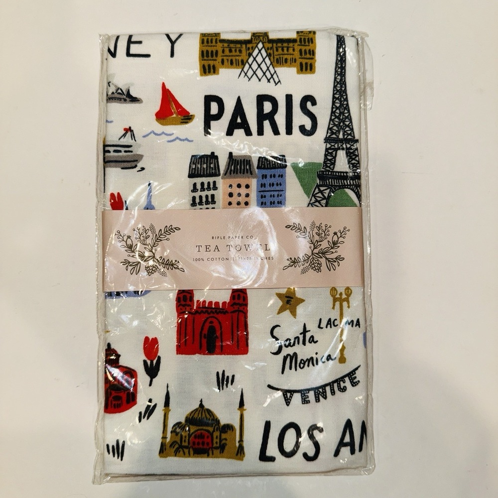Rifle Paper Co Bon Voyage World Cities Tea Towel New TEA004 Cotton 21x28 Map